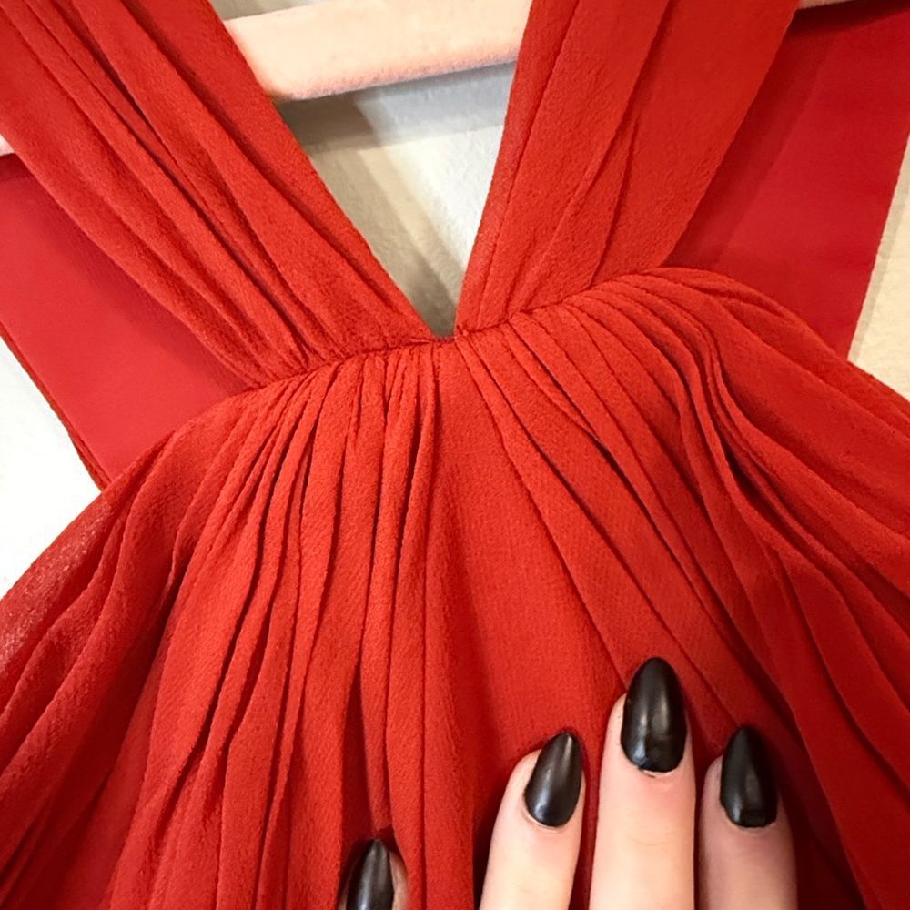 Bebe bright red flowy maxi dress with unique halter top and gathered waist - Picture 3 of 11